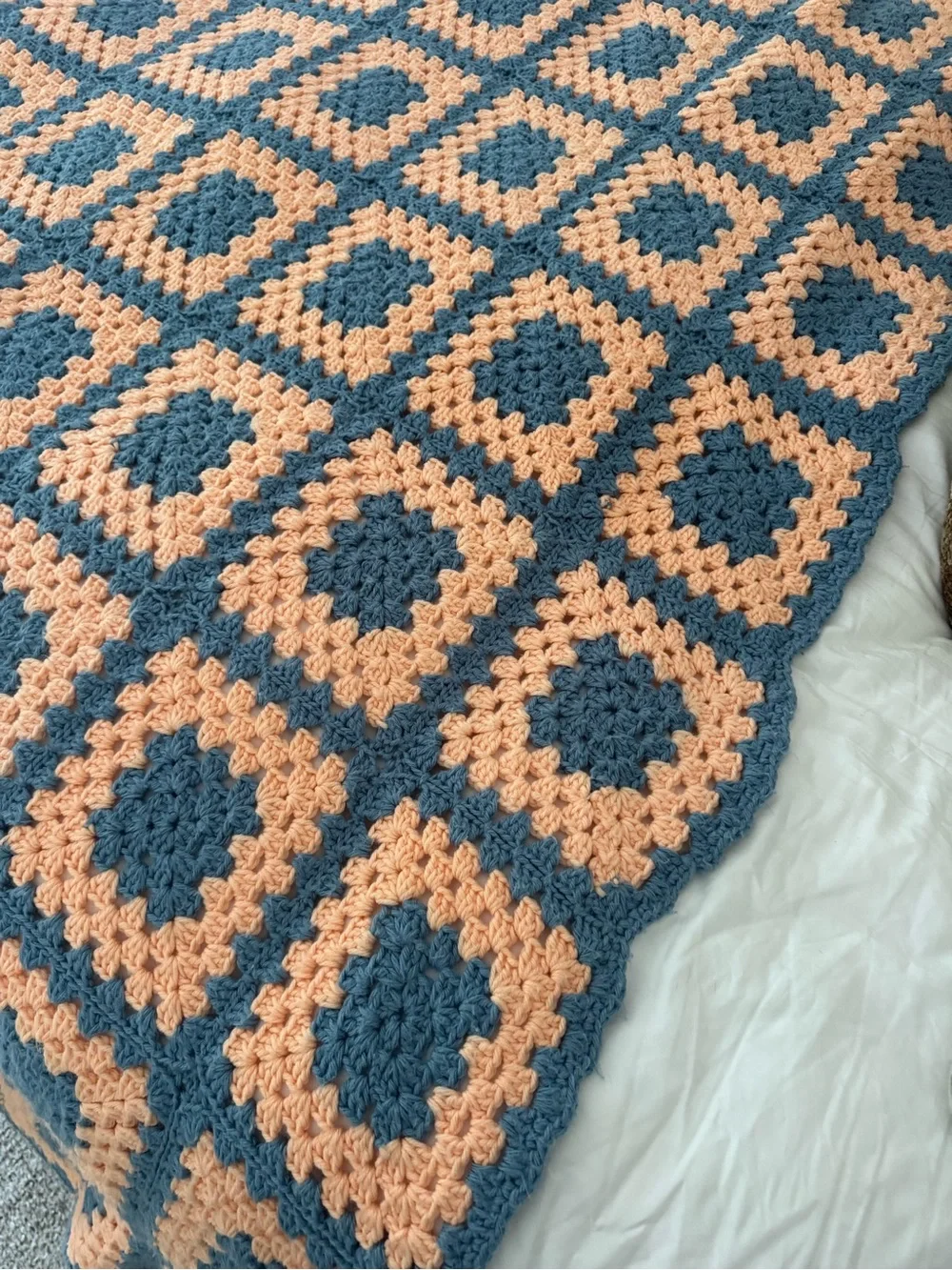 Handmade Peach and Teal Crochet Granny Square Bedspread